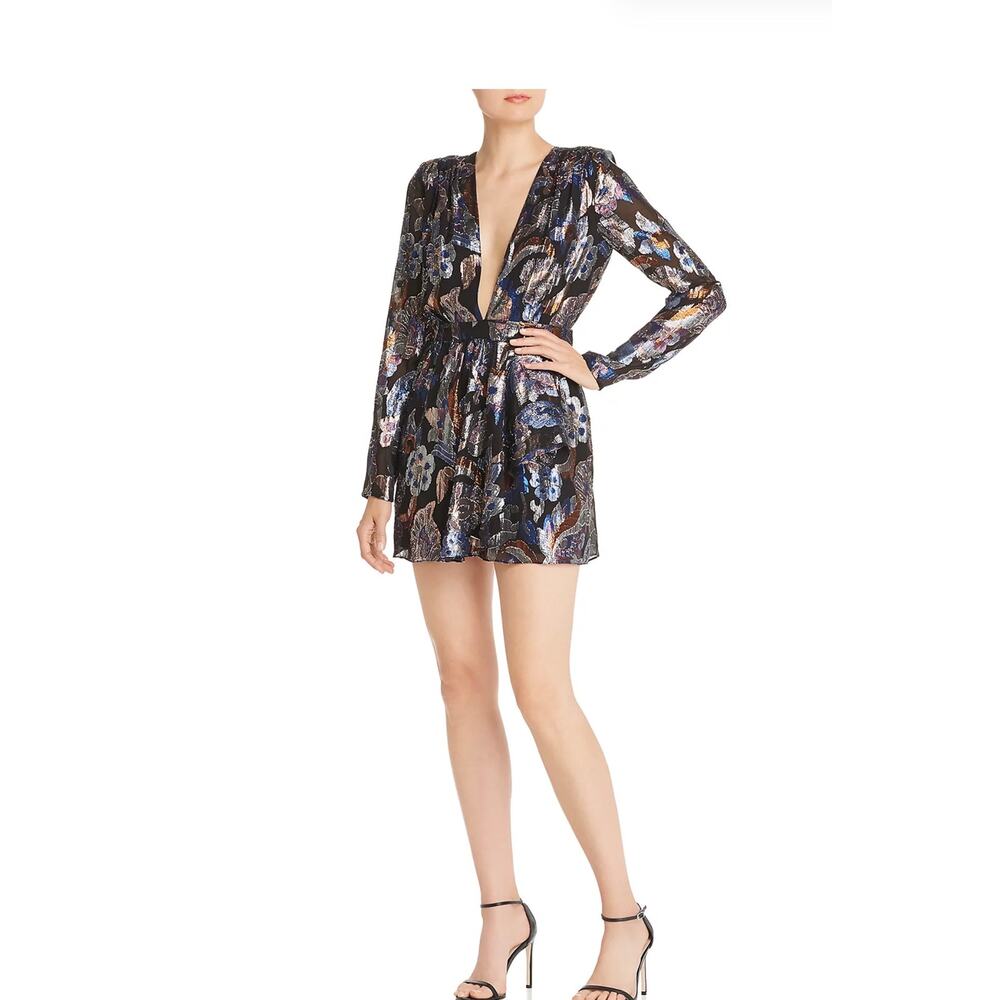 Ramy Brook Shaina lurex deep plunge Metallic Floral Mini Dress size 4